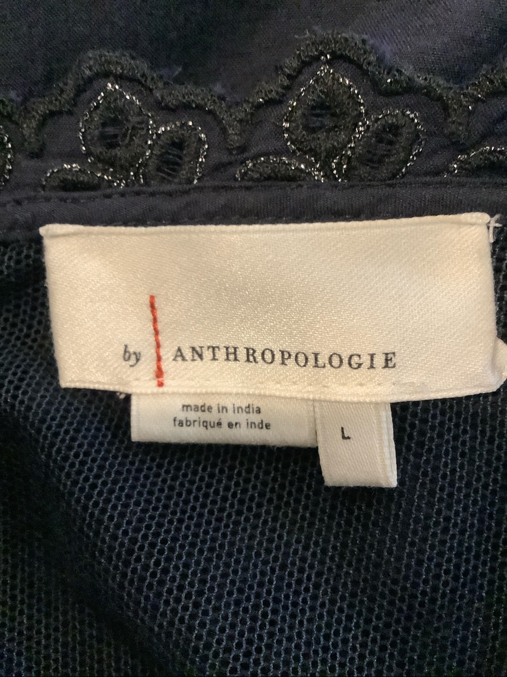 ANTHROPOLOGIE Navy Blue Boho Chic Shimmery Lace Puff Sleeves Fall Top L - Picture 9 of 11
